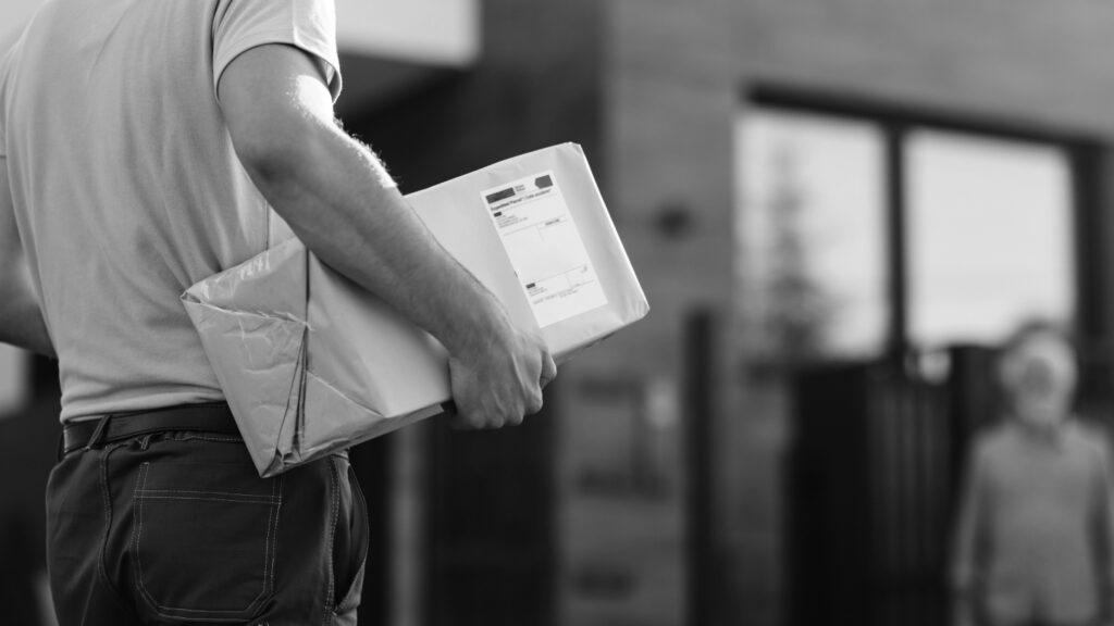 Gros plan d'un coursier méconnaissable effectuant une livraison à un client.