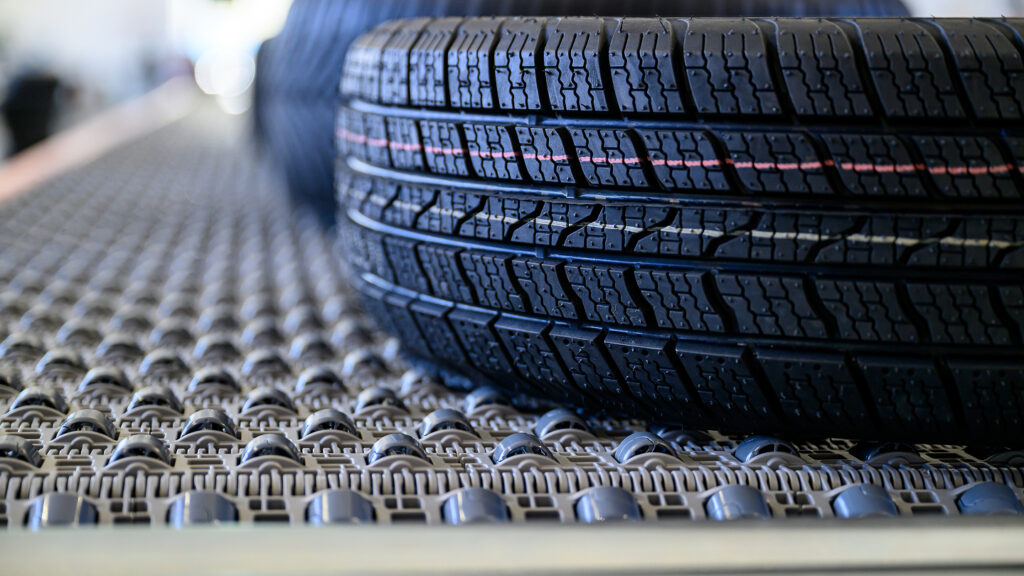 close-up shot of tyres on a TRT belt conveyor